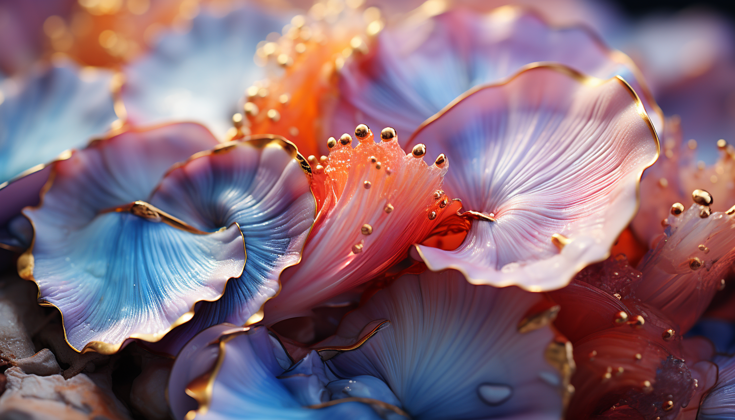 Close-up of the surface of a seashell, revealing its intricate textures and colors.