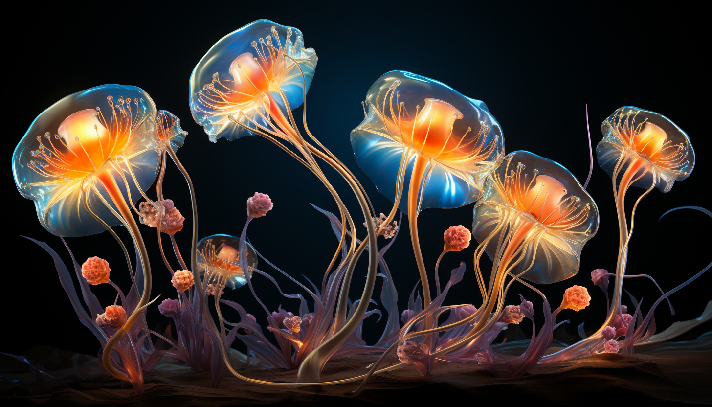 Glowing bioluminescent organisms in a dark ocean.