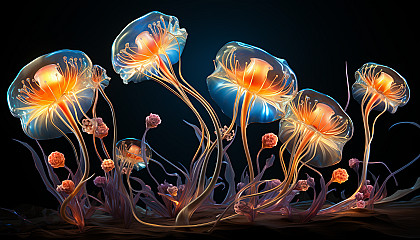 Glowing bioluminescent organisms in a dark ocean.