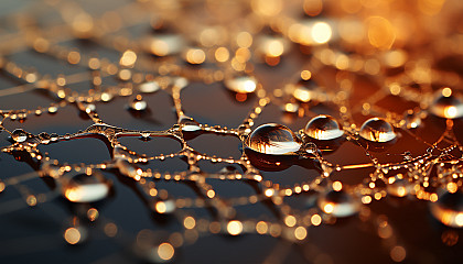 A close-up of a dew-kissed spiderweb sparkling in the morning light.