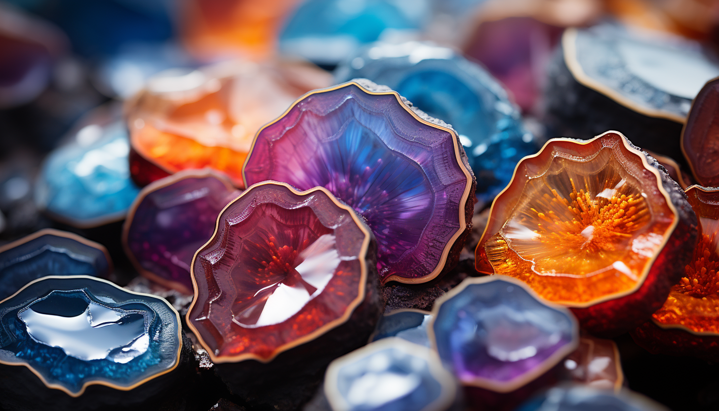 Macro shot of crystalline structures within a colorful geode.