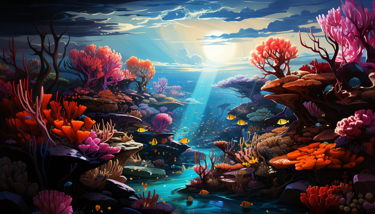 The vivid colors of a coral reef, teeming with life under clear blue waters.