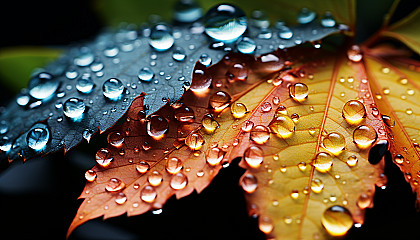 Close-up of dewdrops reflecting a rainbow of colors on a leaf.