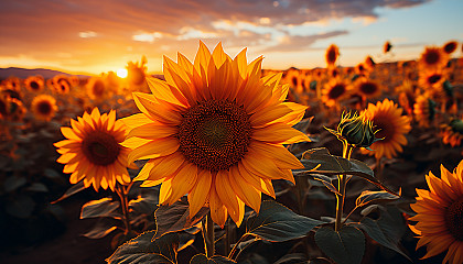 Radiant sunflowers in a field, their heads following the sun.