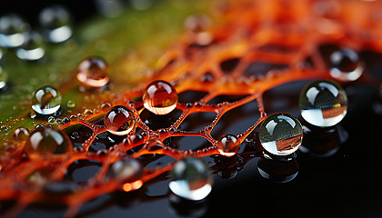 A close-up of dew drops on a spider's web, reflecting the colors of a garden.