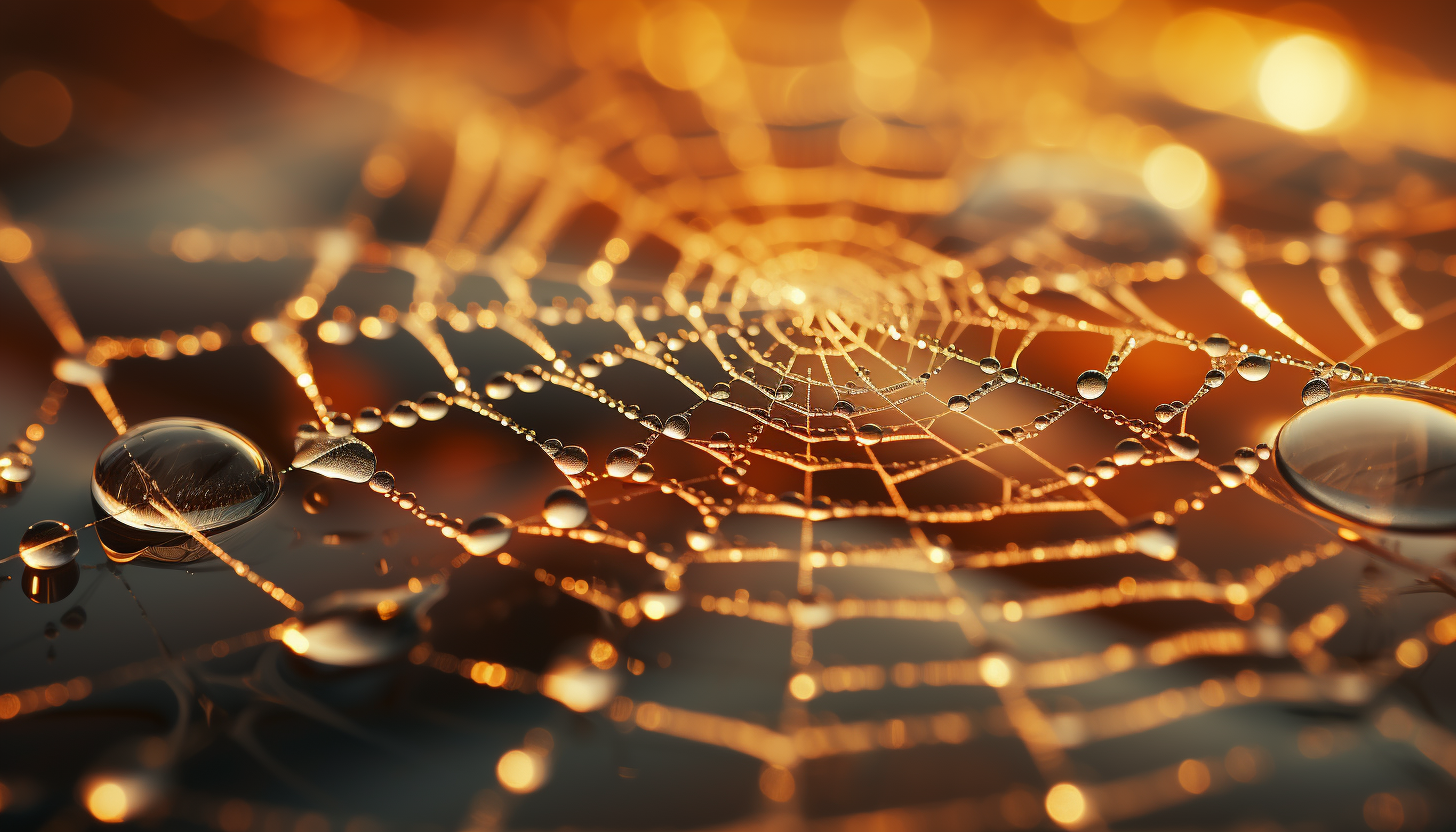 Close-up of a dew-kissed spider web shimmering in the morning sun.