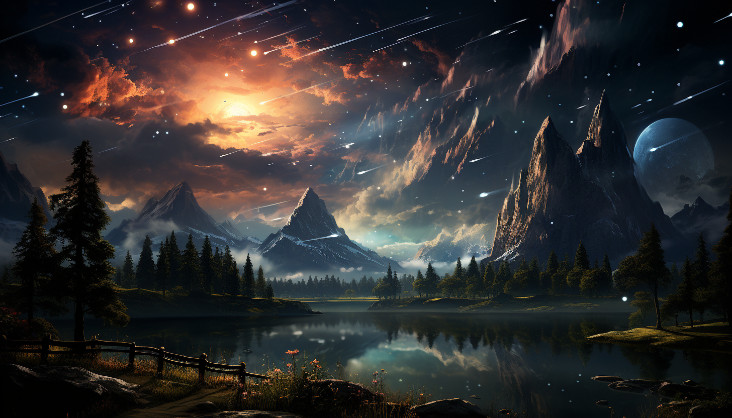 A meteor shower lighting up the night sky with streaks of brilliance.