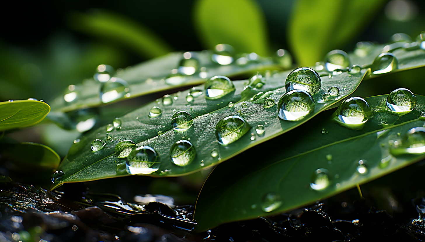 Macro view of a dewdrop on a leaf, reflecting the surrounding flora.