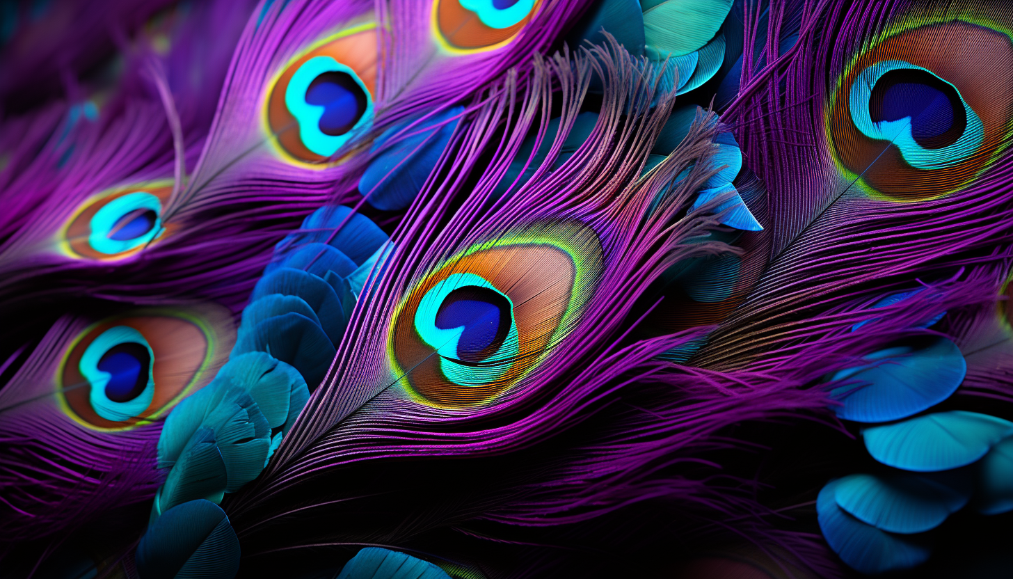 A vibrant peacock feather's intricate patterns and hues.