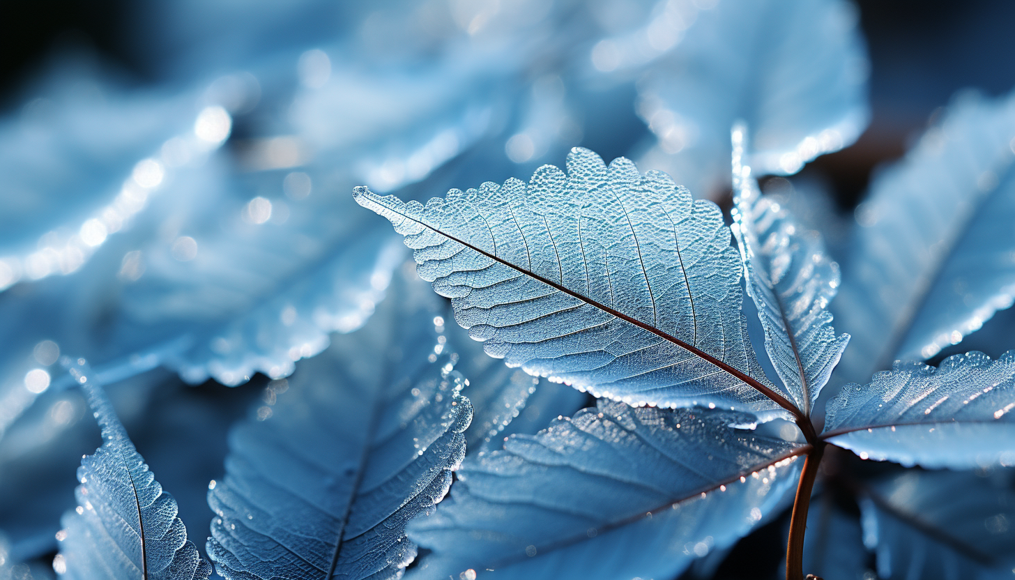 A macro view of frost forming unique designs on a leaf or window.