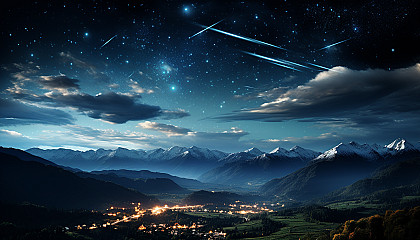 A meteor shower streaking across the night sky.