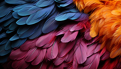 The vibrant patterns of an exotic bird's plumage in close detail.