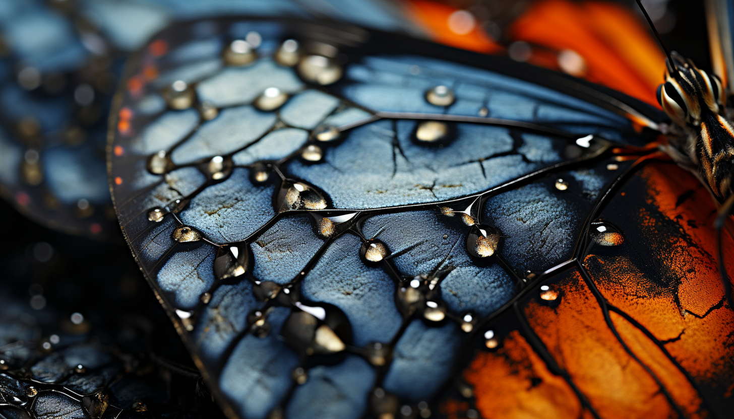 Macro shot of a butterfly wing, showing intricate patterns and textures.