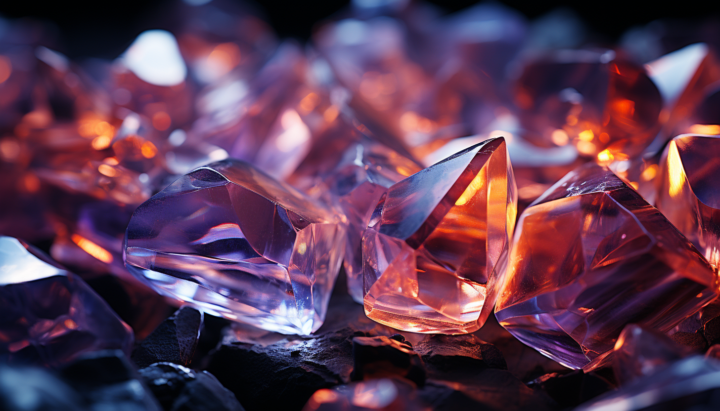 Close-up of a crystal formation, revealing geometric patterns and reflections.