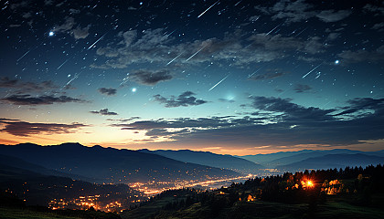 A meteor shower streaking across a clear night sky.