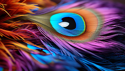 A macro shot of a peacock feather, highlighting its complex, colorful patterns.