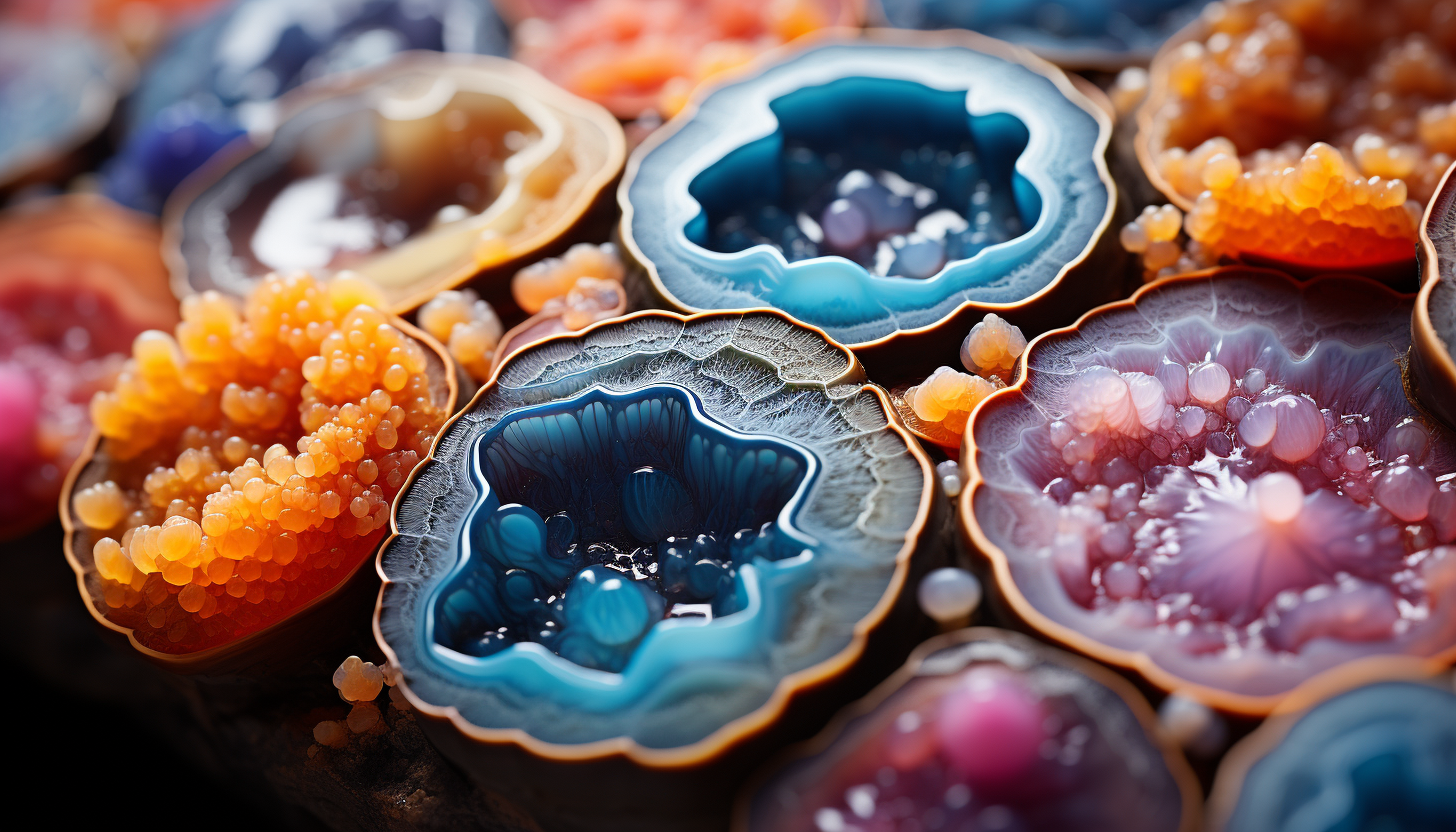 Macro shot of crystalline structures in a geode, radiating vibrant colors.