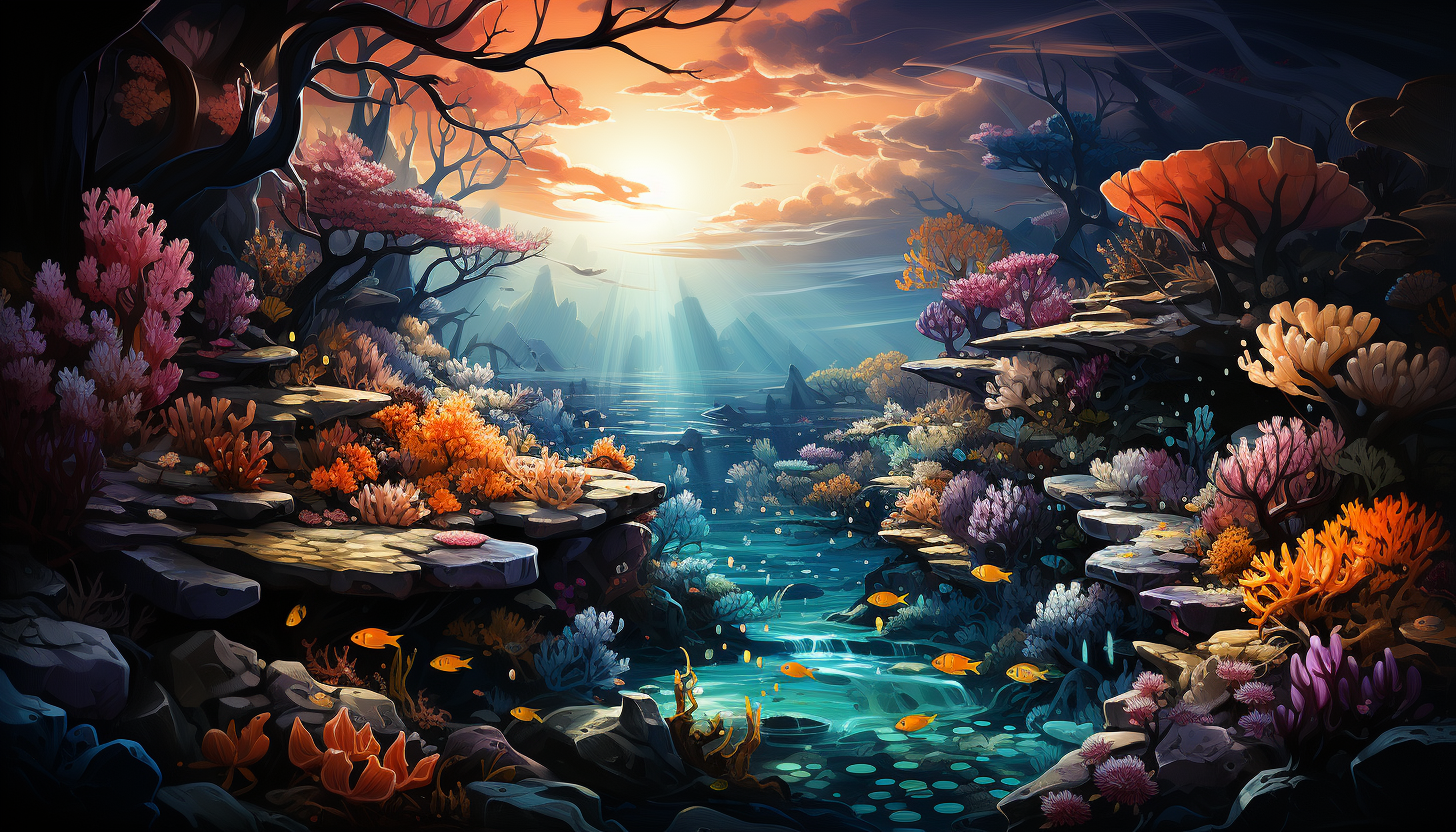 The vivid colors of a coral reef, teeming with life under clear blue waters.