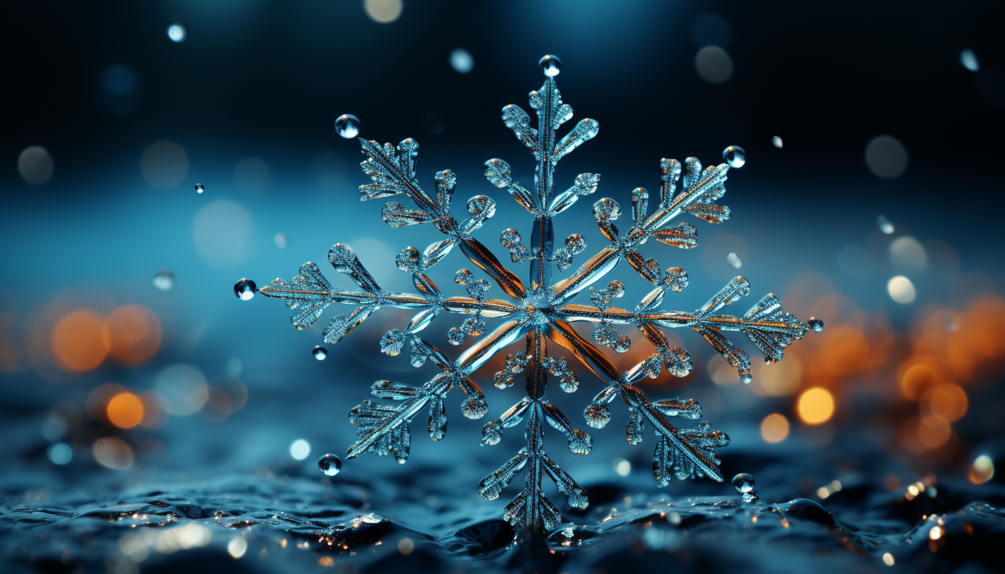 The complex structure of a snowflake, captured in a macro photograph.