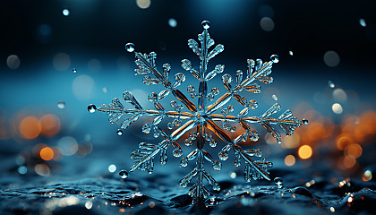 The complex structure of a snowflake, captured in a macro photograph.