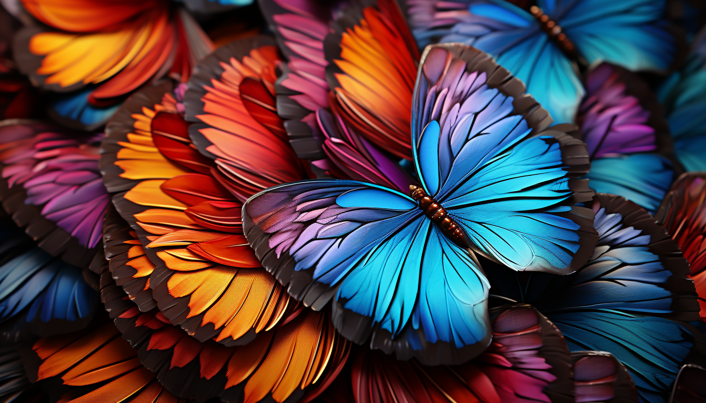 A close-up of colorful butterfly wings, showcasing intricate patterns.