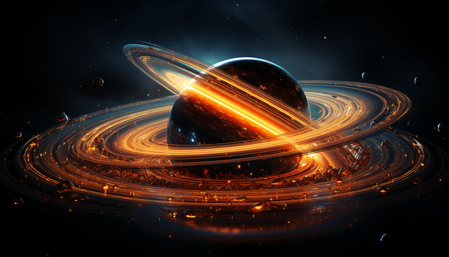 The rings of Saturn seen through a powerful telescope.