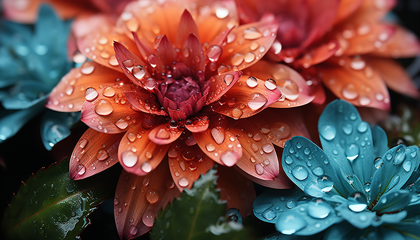 Extreme close-up of dewdrops on a vibrant flower petal.