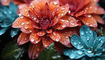 Extreme close-up of dewdrops on a vibrant flower petal.