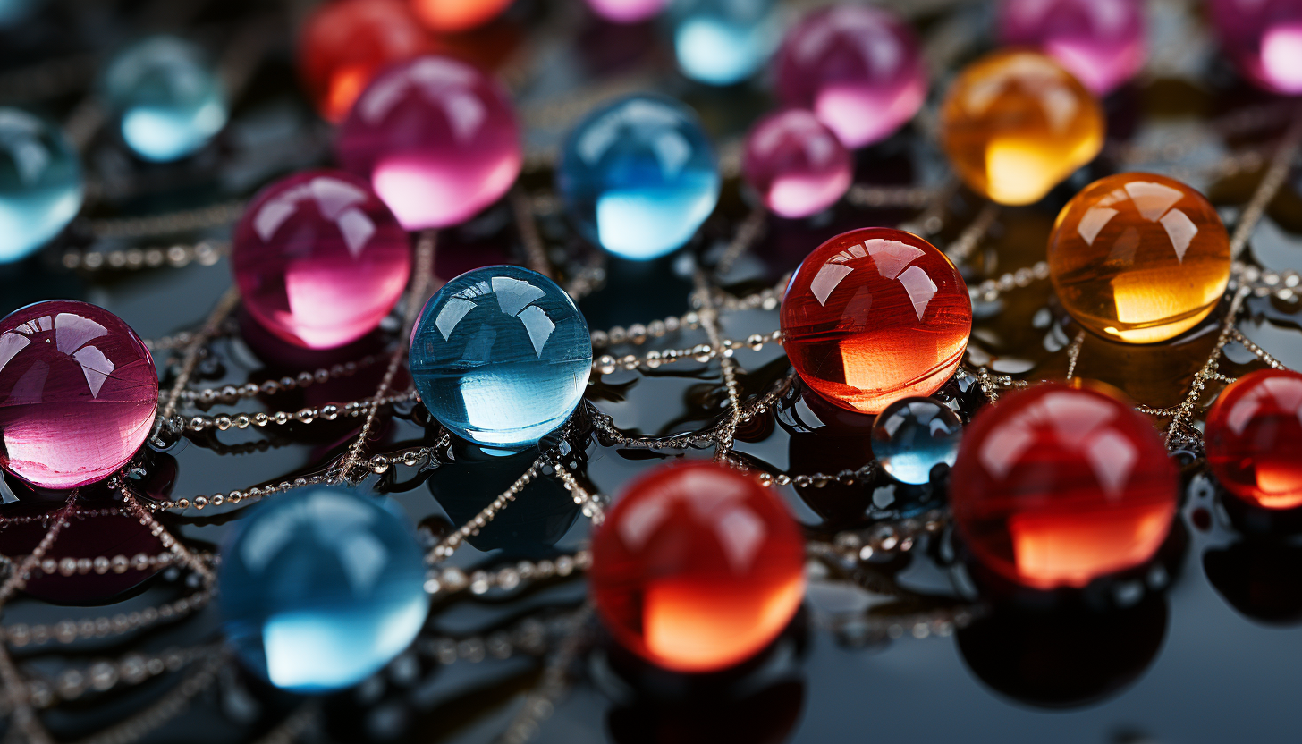 A close-up of a spider's web adorned with colorful beads of morning dew.