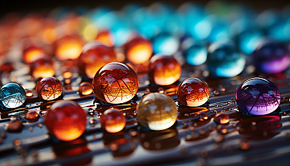 Macro shot of dewdrops on a spider web, refracting light into a rainbow spectrum.