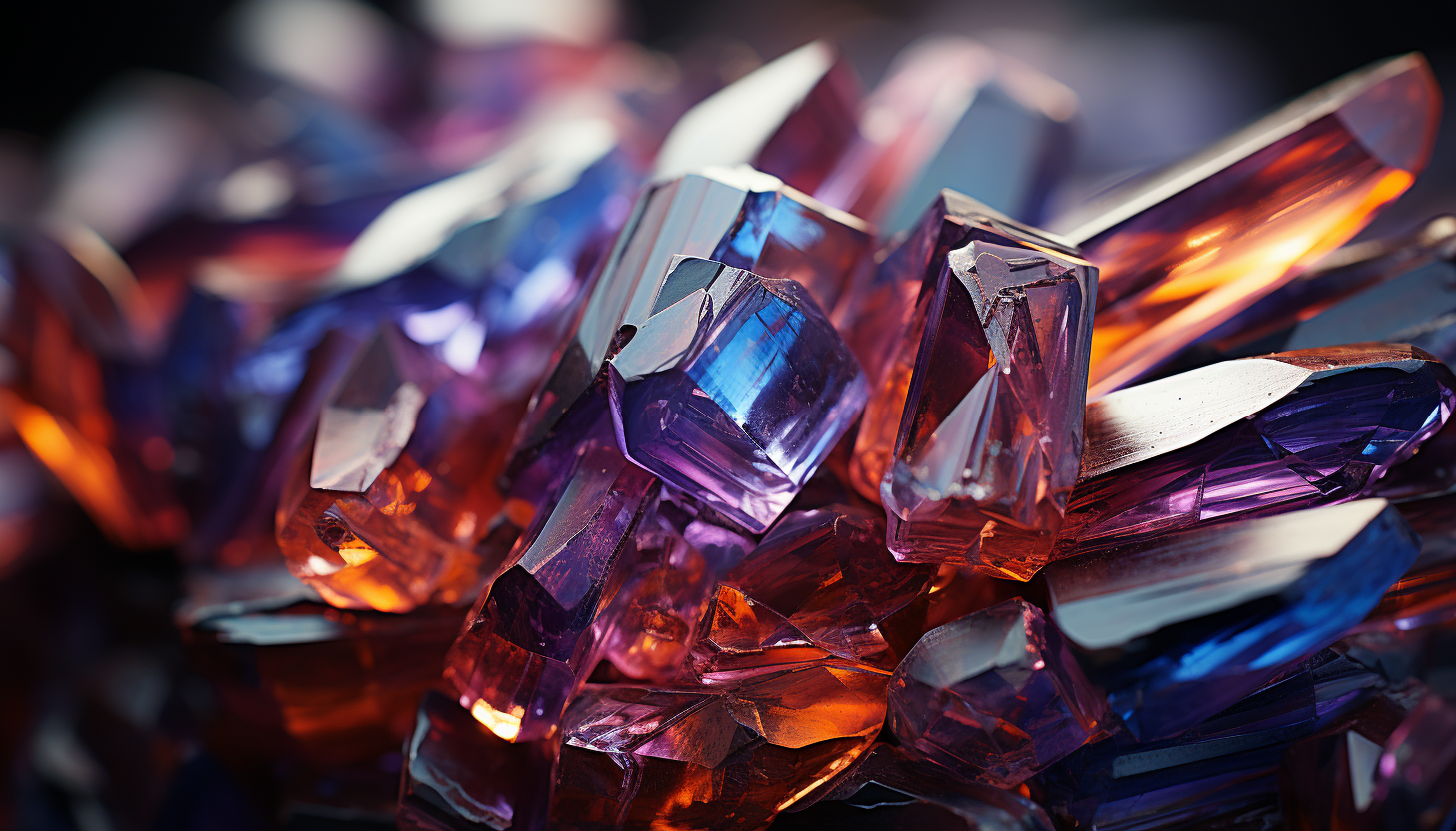 Macro view of a crystal, showcasing its complex structure and prismatic colors.