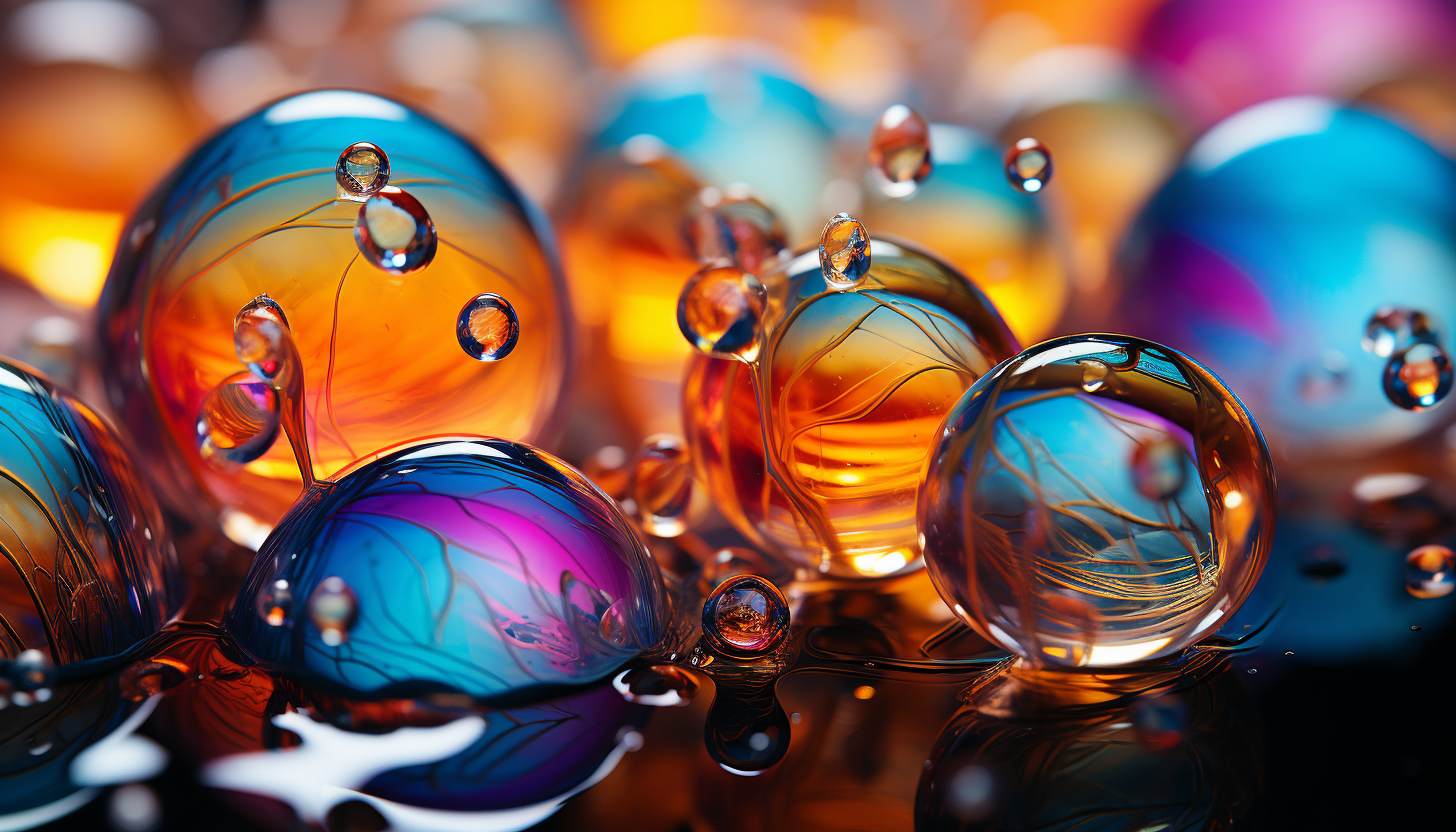 Close-up of iridescent bubbles, displaying a spectrum of colors.