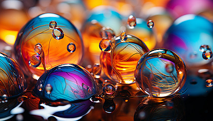 Close-up of iridescent bubbles, displaying a spectrum of colors.