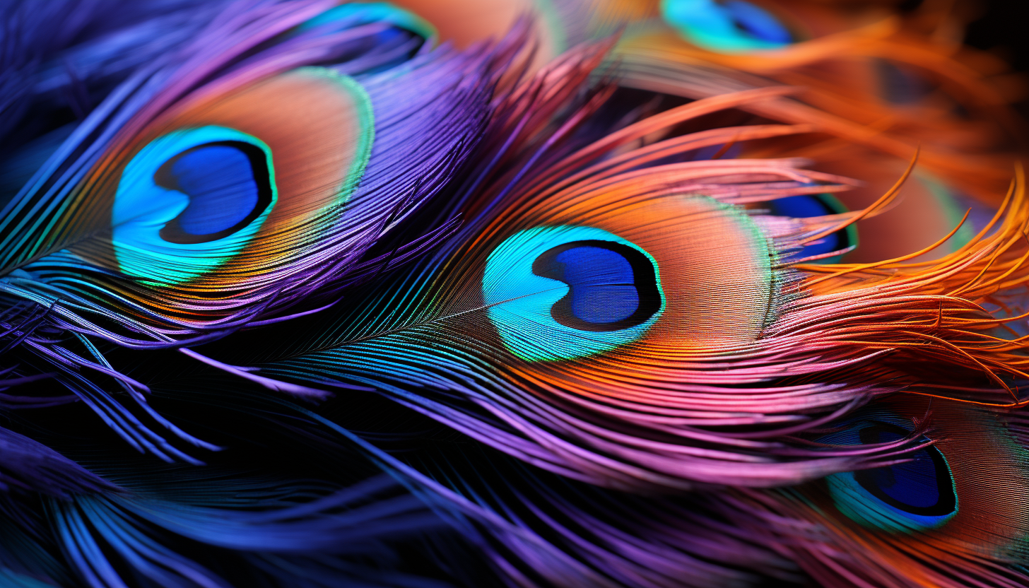 A macro shot of a peacock feather, highlighting its complex, colorful patterns.