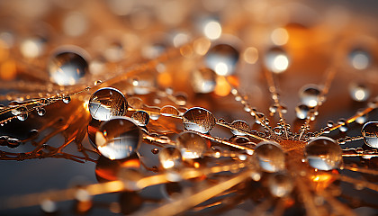 Extreme close-up of dewdrops on a spider's web, refracting sunlight.