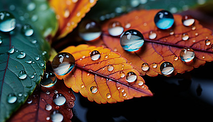 Close-up of dewdrops reflecting a rainbow of colors on a leaf.