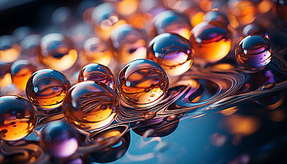 Macro shot of iridescent soap bubbles capturing reflections.