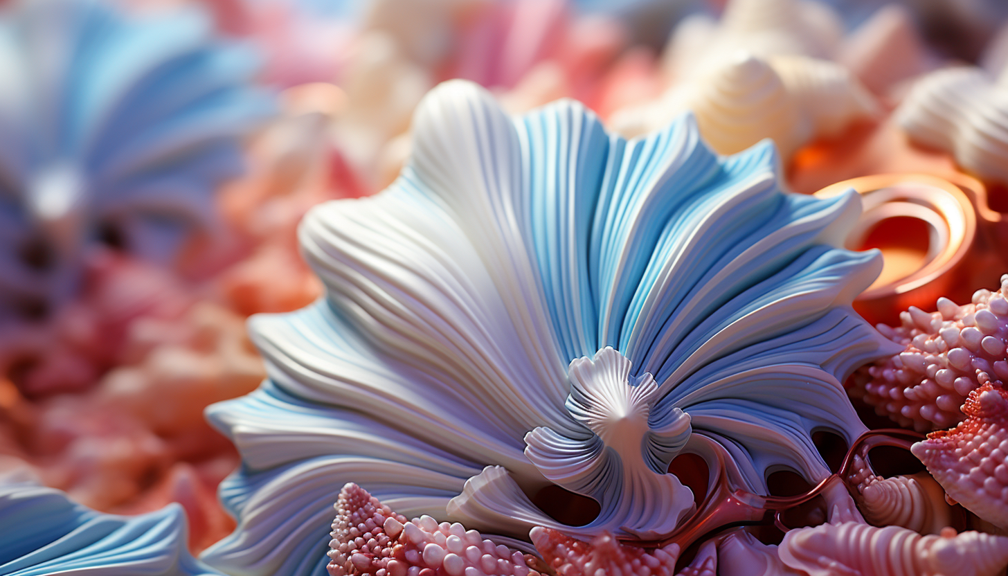 Close-up of the surface of a seashell, revealing its intricate textures and colors.