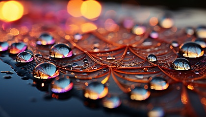 Close-up of dewdrops on a spider web, reflecting the colors of dawn.