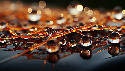 Close-up of dew drops on a spider's web, sparkling in the morning sun.