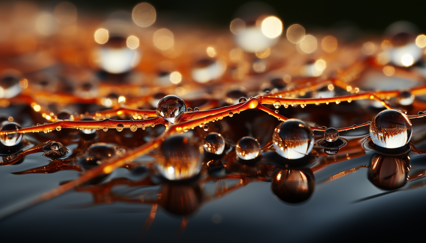 Close-up of dew drops on a spider's web, sparkling in the morning sun.