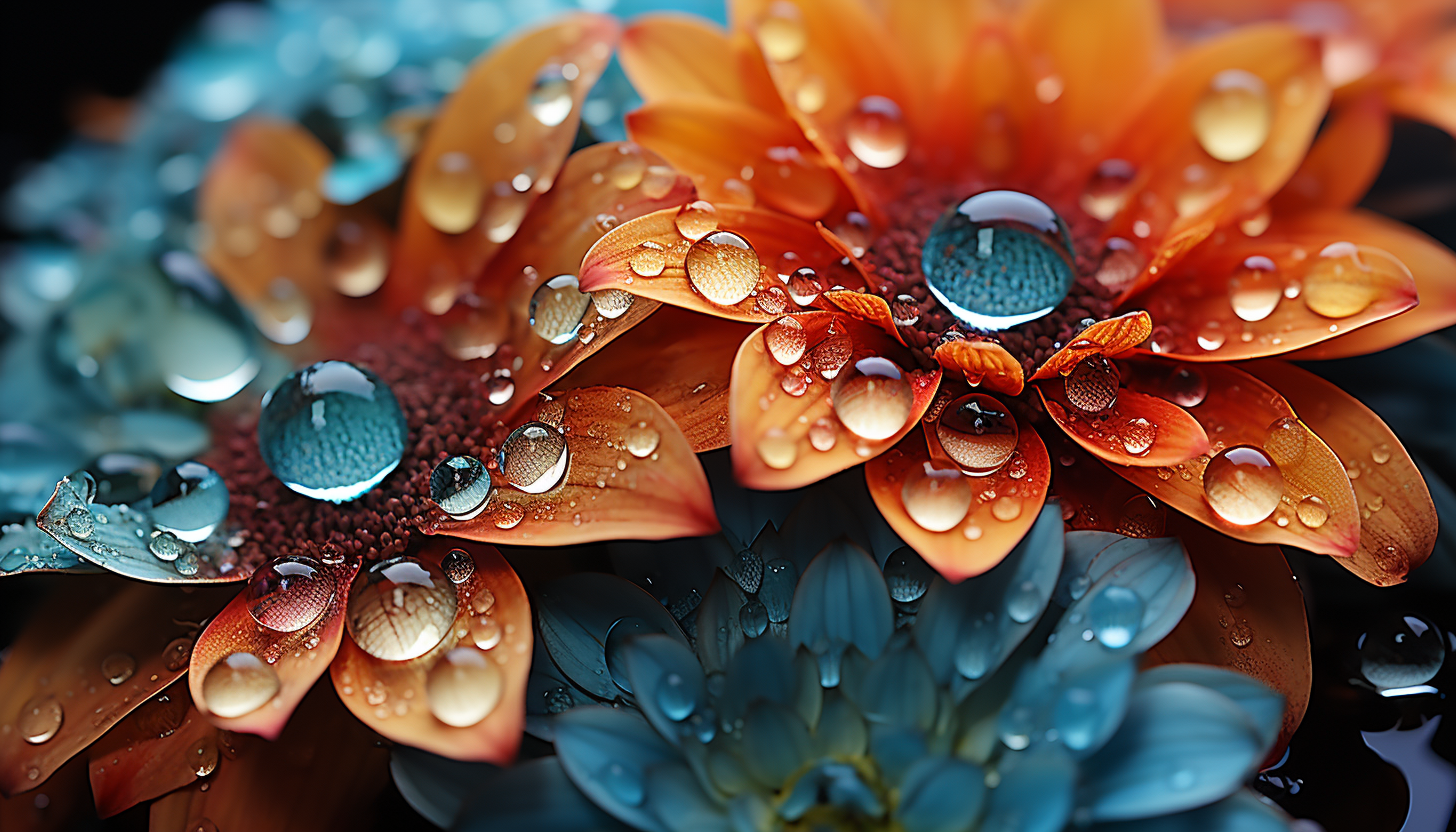 Close-up of dewdrops on a colorful flower petal.