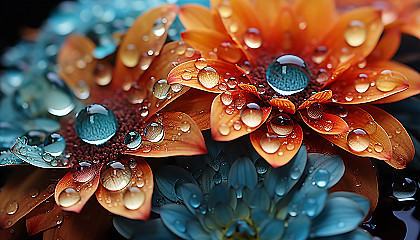 Close-up of dewdrops on a colorful flower petal.