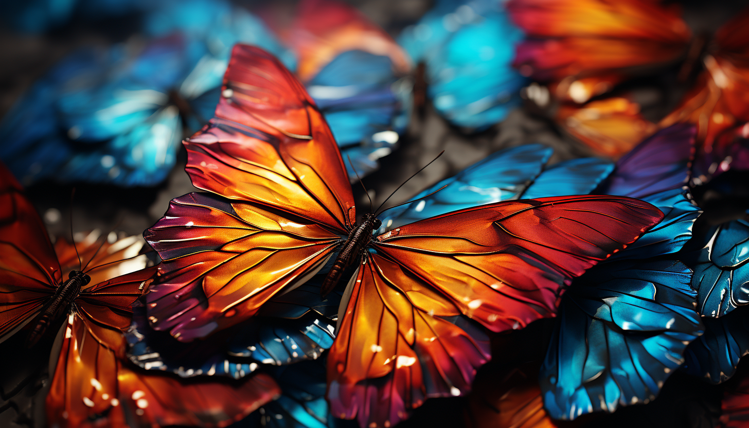 Macro shot of butterfly wings, displaying dazzling colors and detailed vein structure.