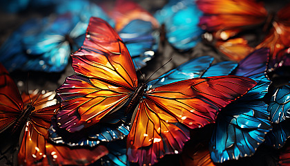 Macro shot of butterfly wings, displaying dazzling colors and detailed vein structure.