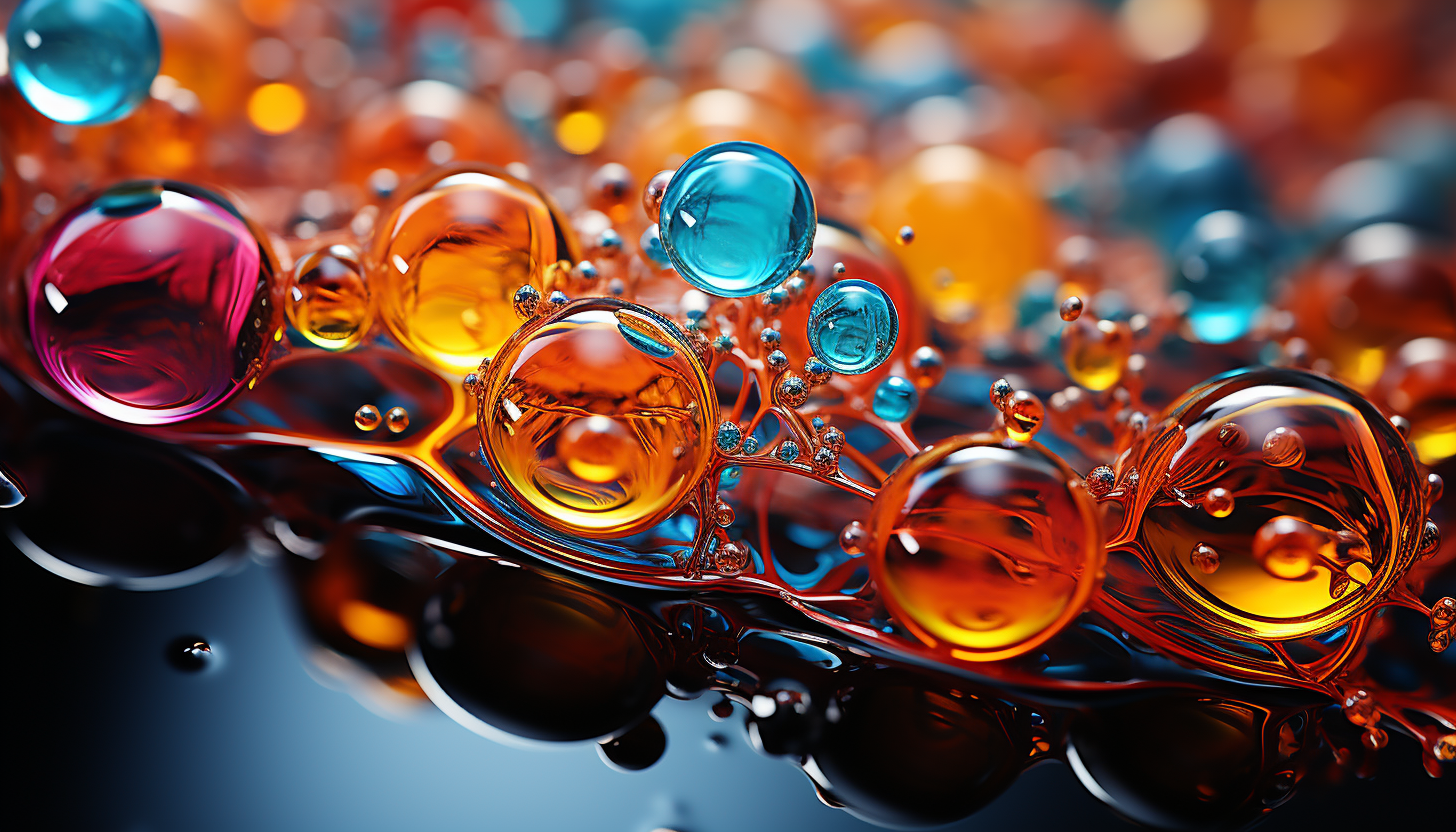 Close-up of bubbles in water, each one reflecting a rainbow of colors.