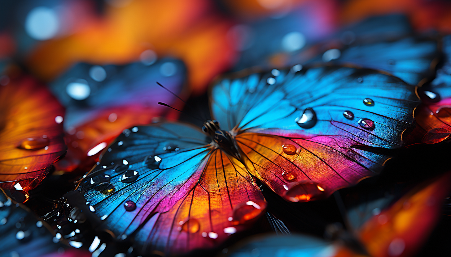 Macro view of butterfly wings displaying intricate patterns and vivid hues.