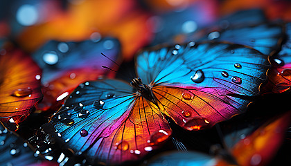 Macro view of butterfly wings displaying intricate patterns and vivid hues.