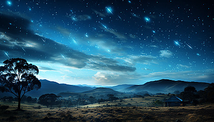 A meteor shower streaking across a clear night sky.