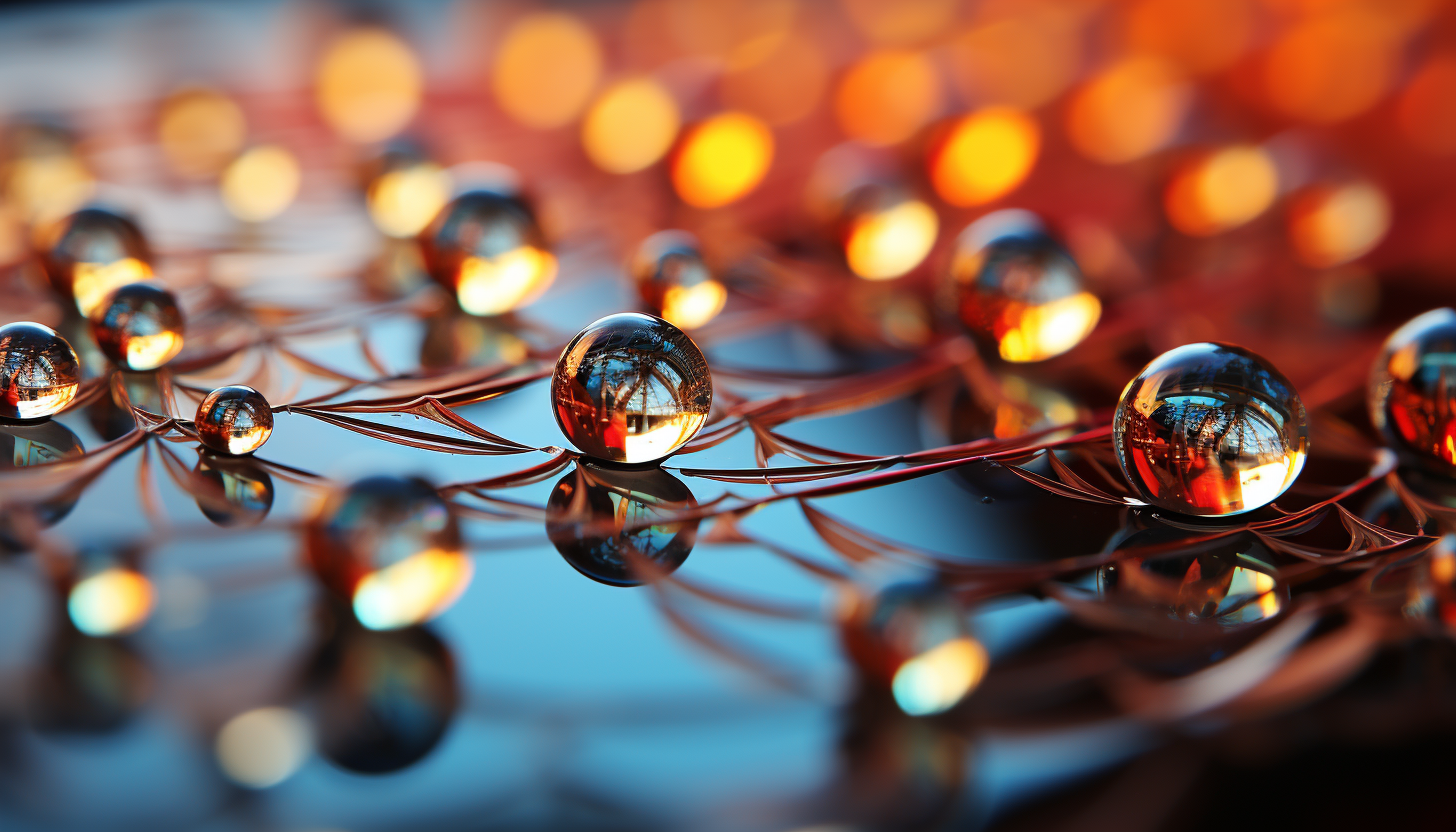 Close-up of dewdrops on a spider web, reflecting the colors of dawn.